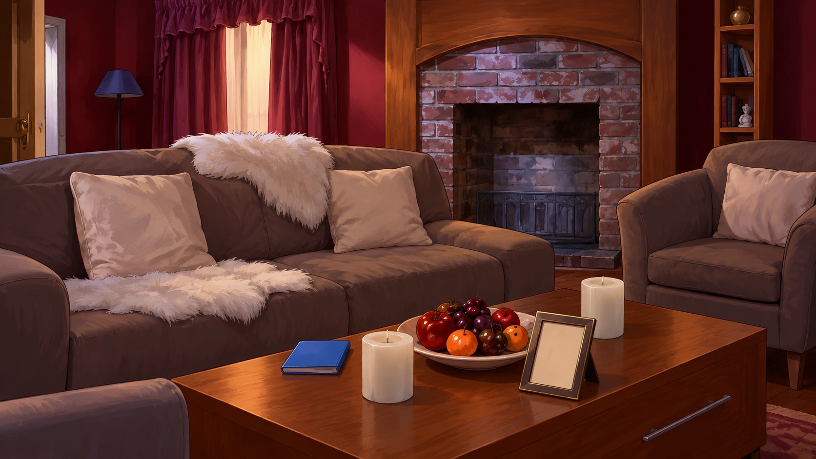 Cartoon apartment living room with a sofa, coffee table, notebook, picture frame, curtains, and brick fireplace